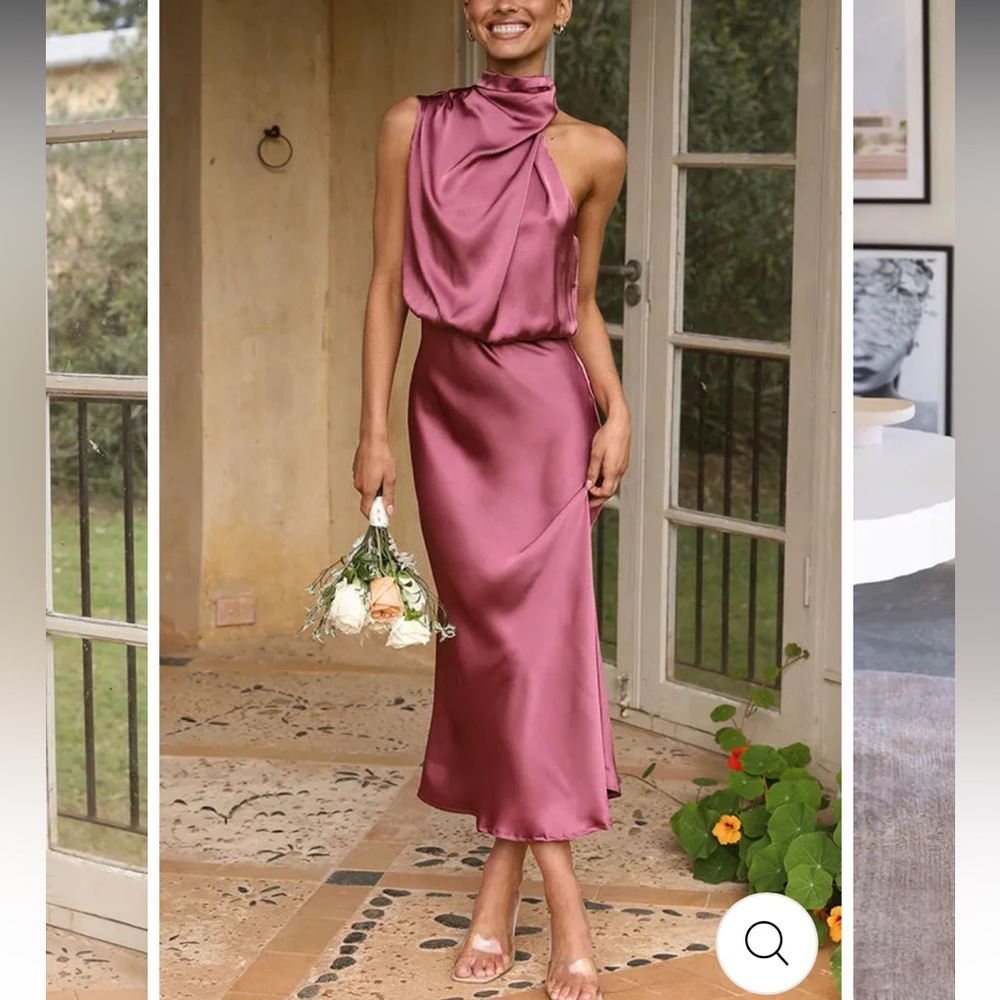 Perfectly Yours High Neck Elastic Waist Satin Drape MIDI Dress